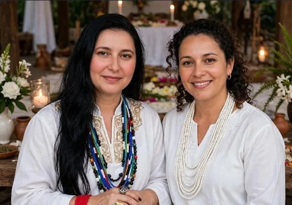 Joana ao lado de outra mulher, as duas vestidas de branco e com colares de guias coloridas, diante de um altar preparado com velas e flores brancas
